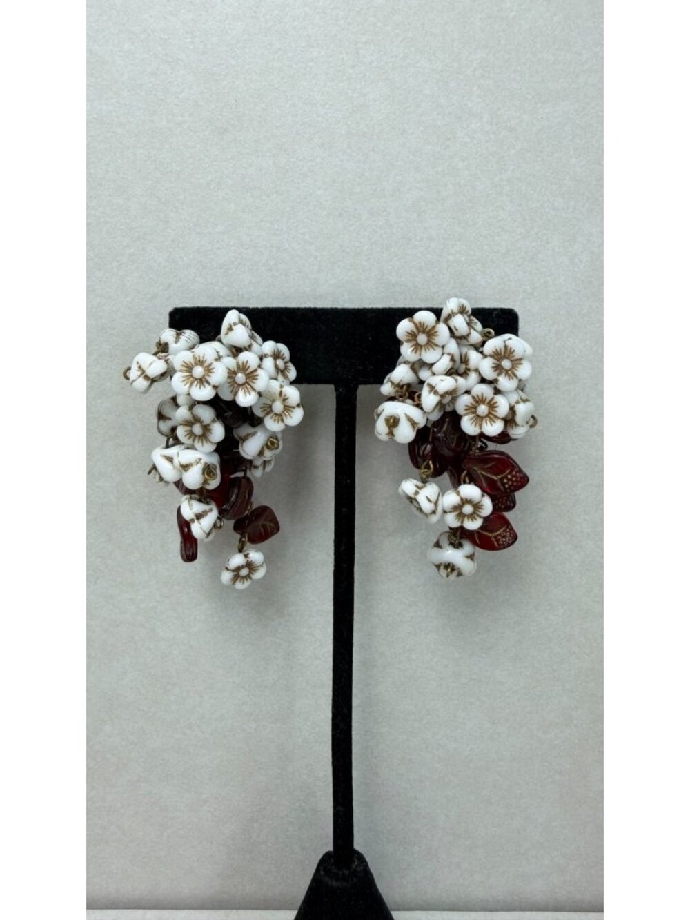 Castlecliff Floral Cluster Earrings Milk Glass Red Lucite Vintage